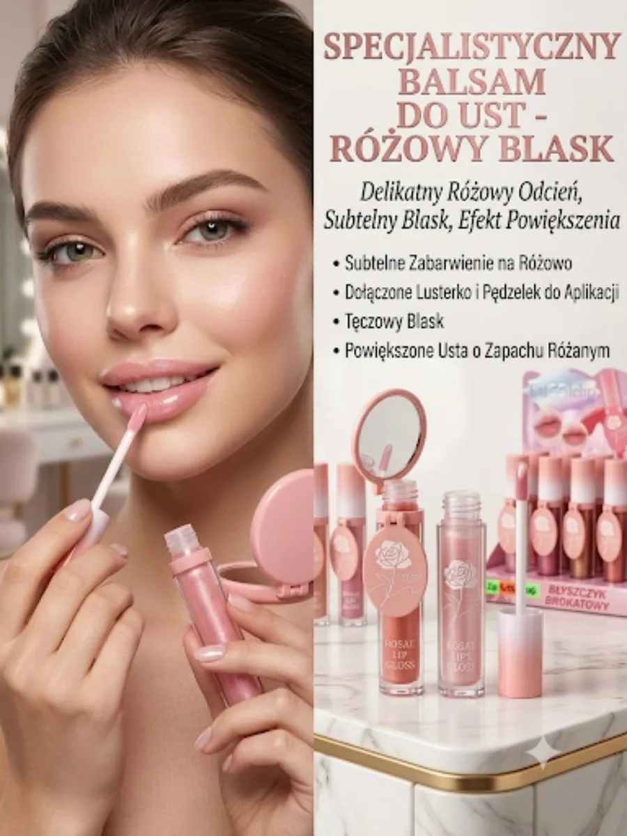 Rosae Lip Gloss różowy błyszczyk do ust z lusterkiem i pędzelkiem