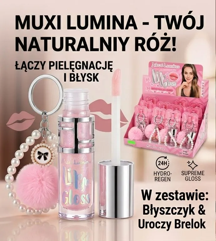 Muxi Lumina Błyszczyk do ust z różowym połyskiem i brelokiem