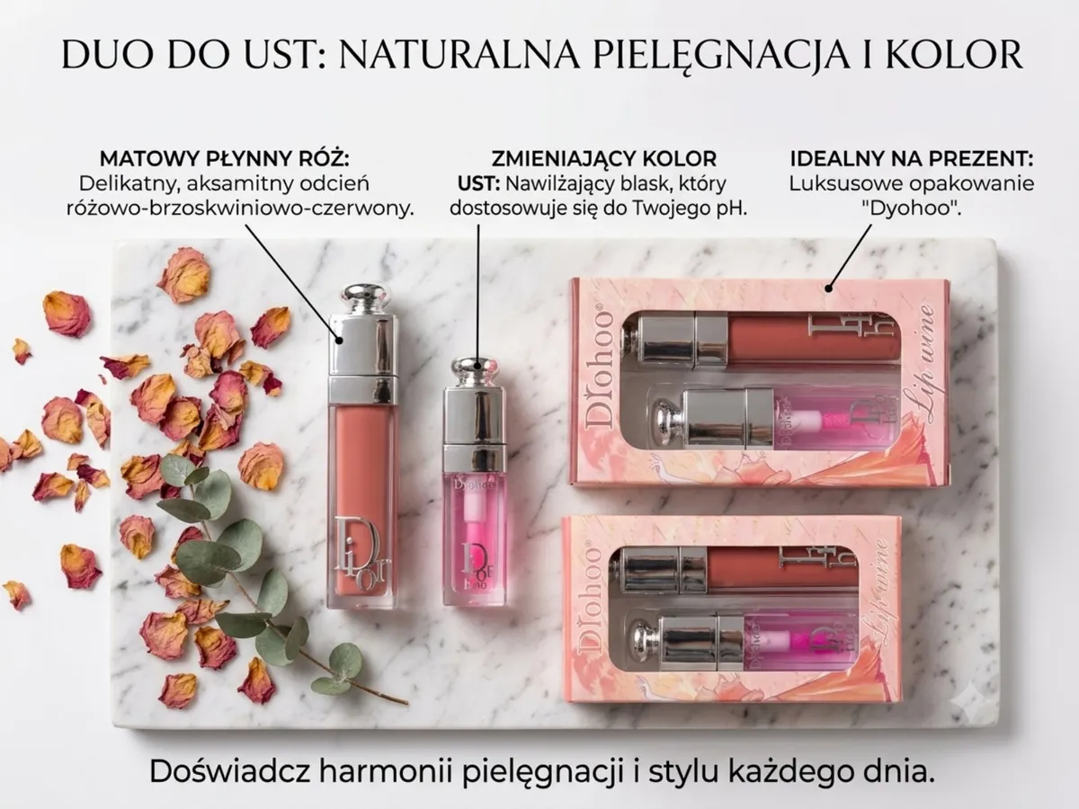 Duo do ust matowy róż i błyszczyk zmieniający kolor w opakowaniu Dyohoo