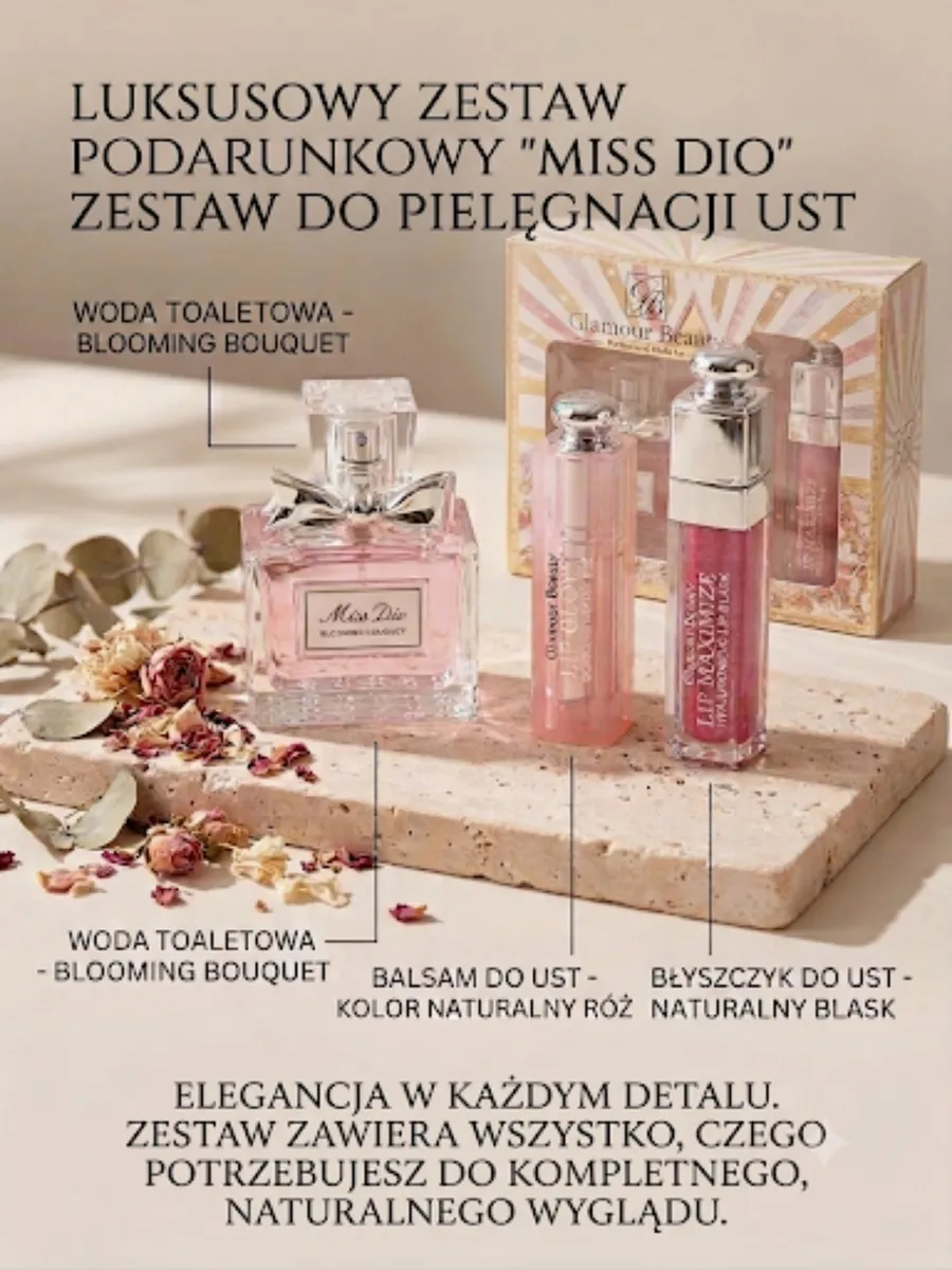Luksusowy zestaw do pielęgnacji ust Miss Dio z wodą toaletową
