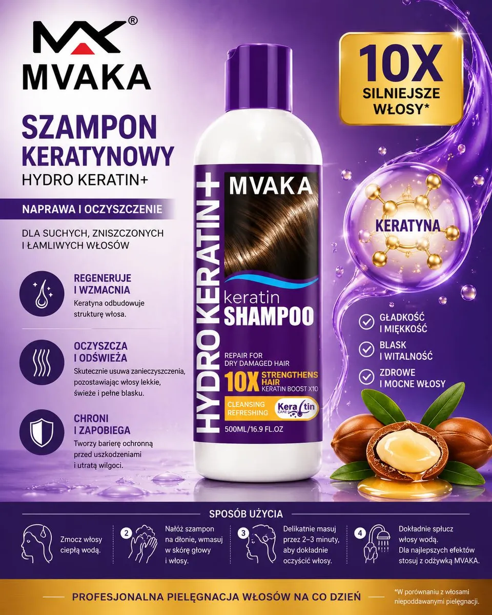 Szampon keratynowy MVAKA Hydro Keratin+ 500ml do włosów suchych i zniszczonych