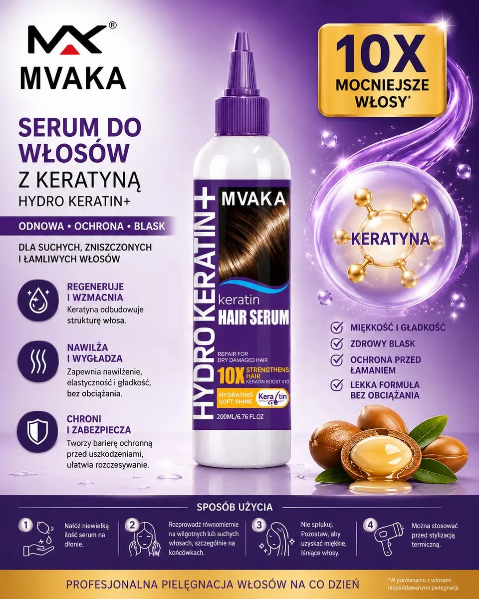 Serum do włosów z keratyną Hydro Keratin+ 200 ml MVAKA