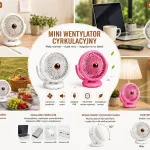 Mini wentylator cyrkulacyjny USB biały i różowy, regulowany kąt