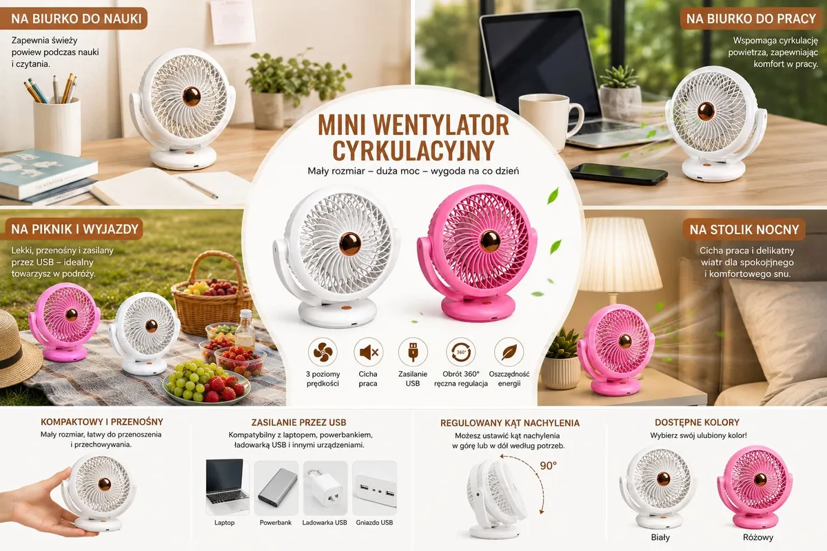 Mini wentylator cyrkulacyjny USB biały i różowy, regulowany kąt