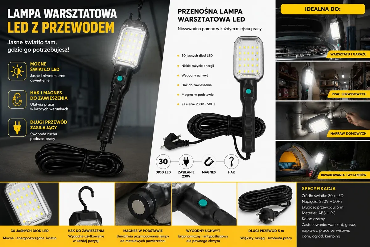 Lampa warsztatowa LED czarna z przewodem 5 m, 30 diod