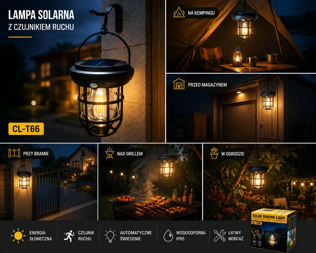 Lampa solarna LED z czujnikiem ruchu i zmierzchu czarna wodoodporna