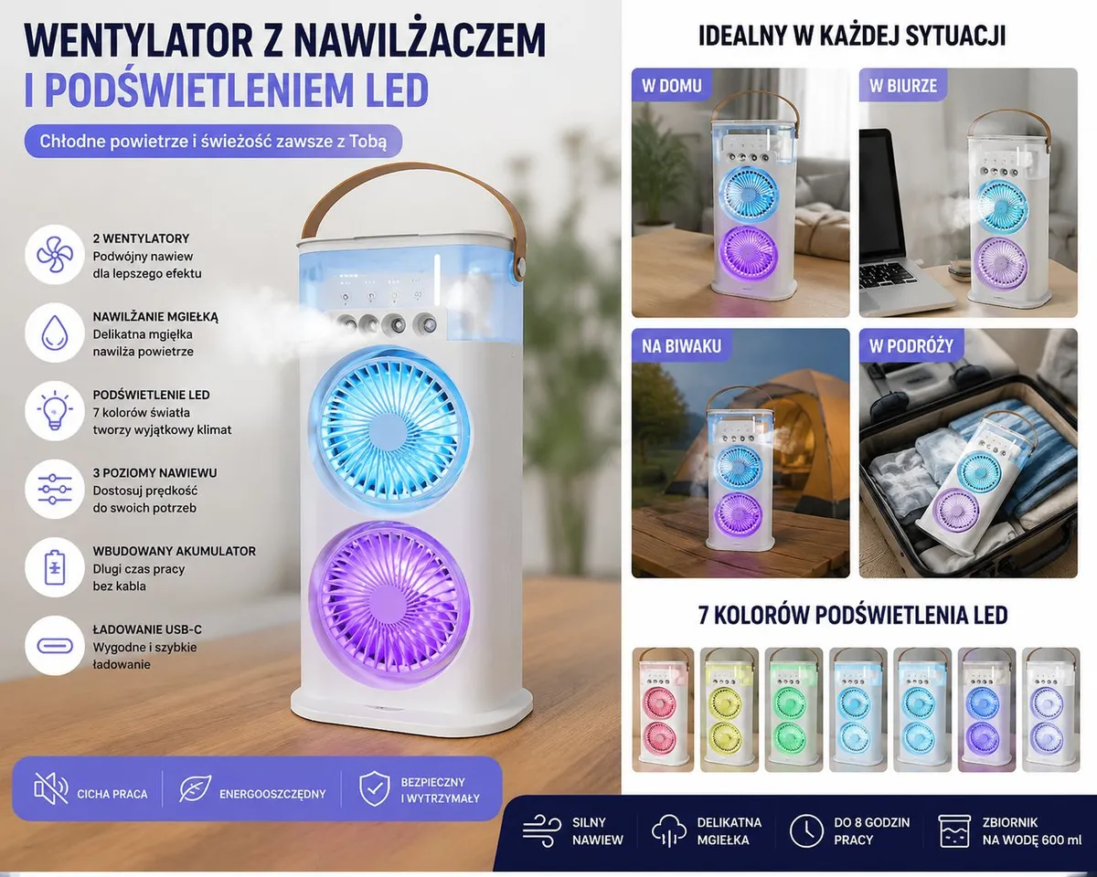 Przenośny wentylator z nawilżaczem i LED podświetleniem biały
