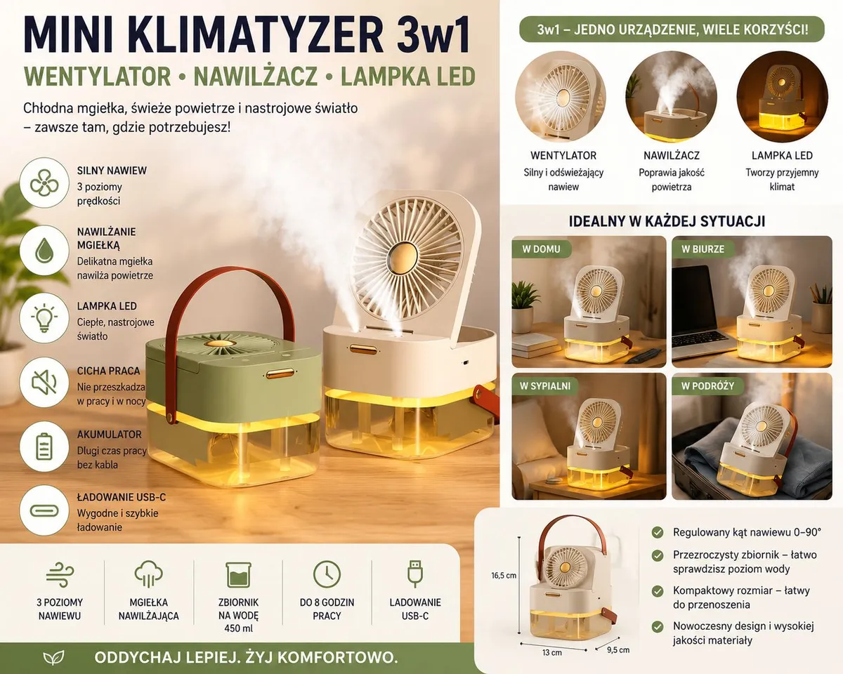 Mini klimatyzer 3w1 wentylator nawilżacz lampka LED beżowy i oliwkowy
