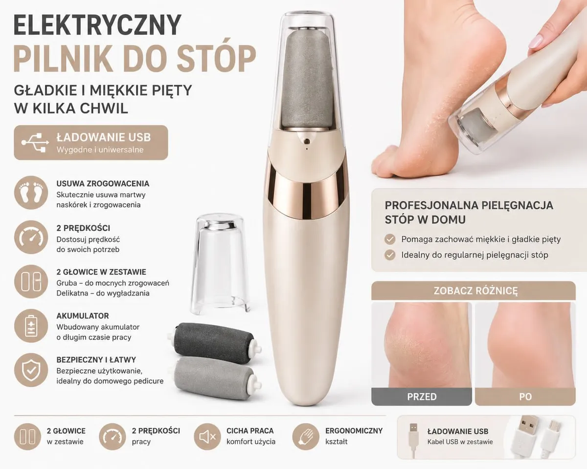 Elektryczny pilnik do stóp beżowy z dwoma głowicami i USB