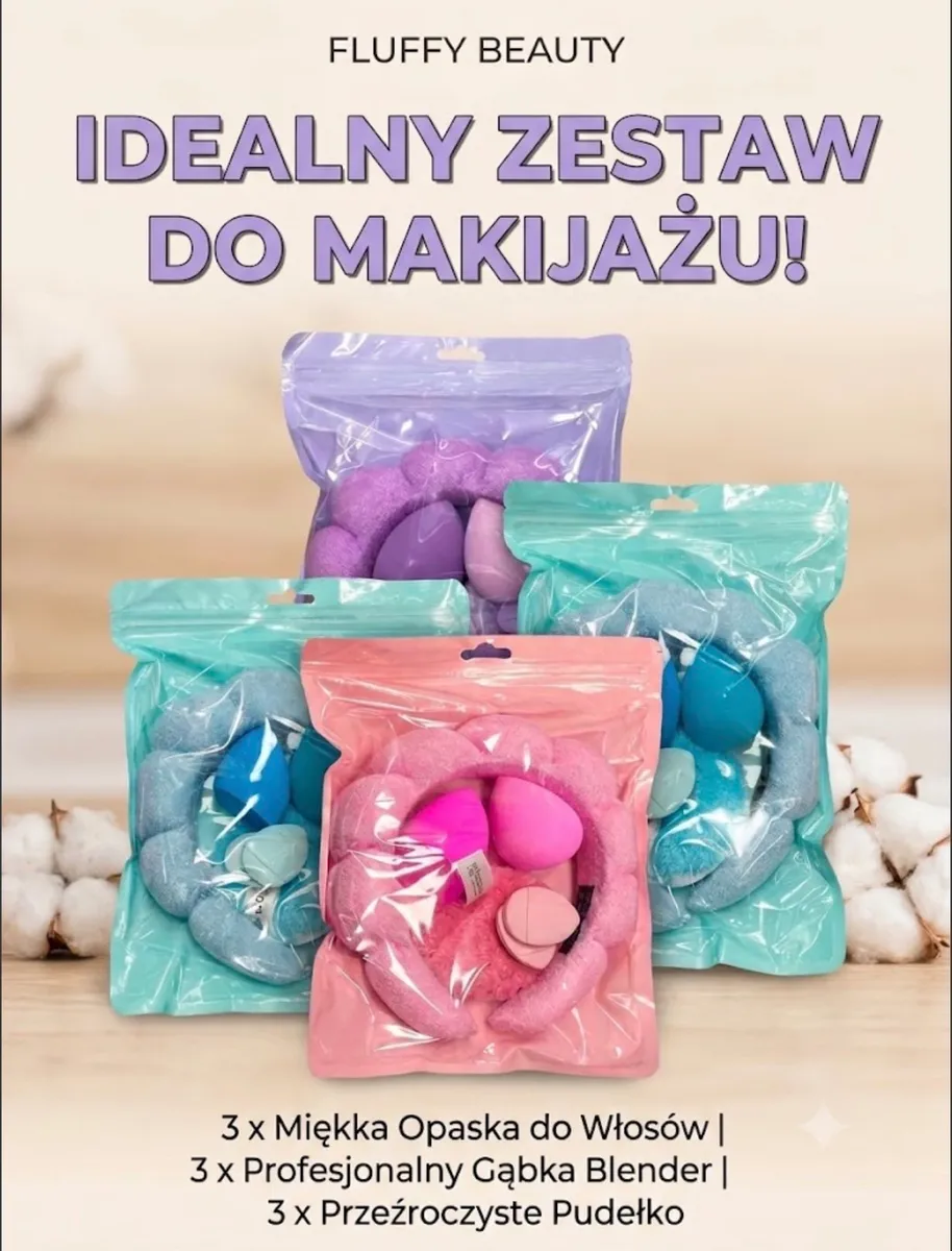 Różowy zestaw do makijażu Fluffy Beauty z opaską i gąbką