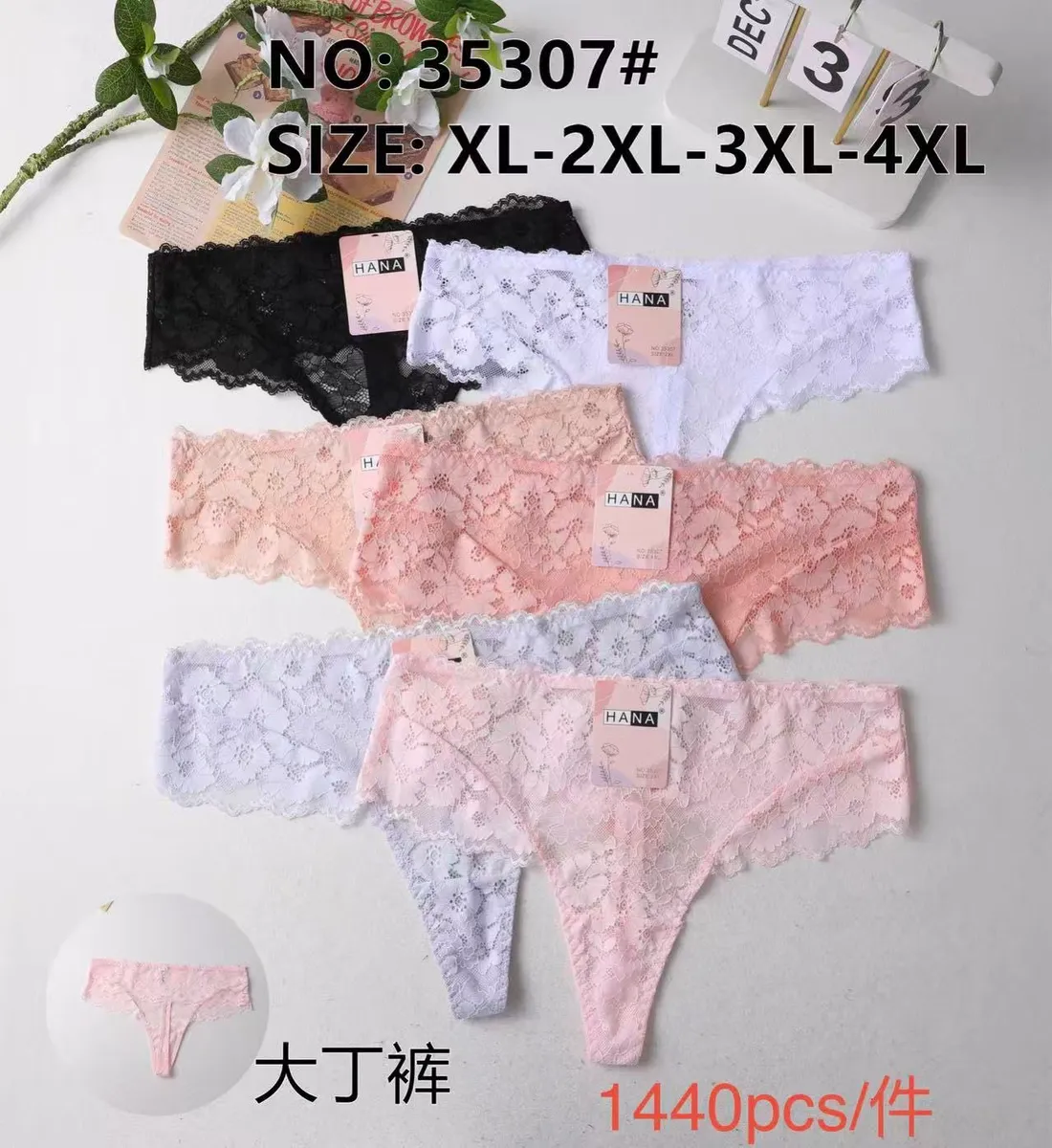 Zestaw koronkowych majtek damskich HANA w kolorach czarnym, białym, różowym i fioletowym, rozmiary XL-4XL