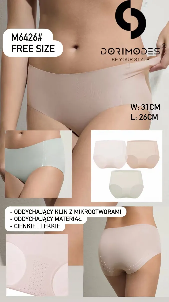 Beżowe majtki damskie z mikrootworami, model bezszwowy, rozmiar free size, widok z przodu i tyłu