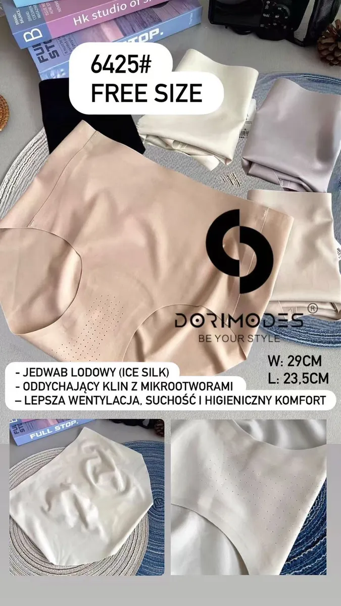 Beżowe majtki damskie Dorimodes Ice Silk z mikrootworami na klinie, rozłożone na stole