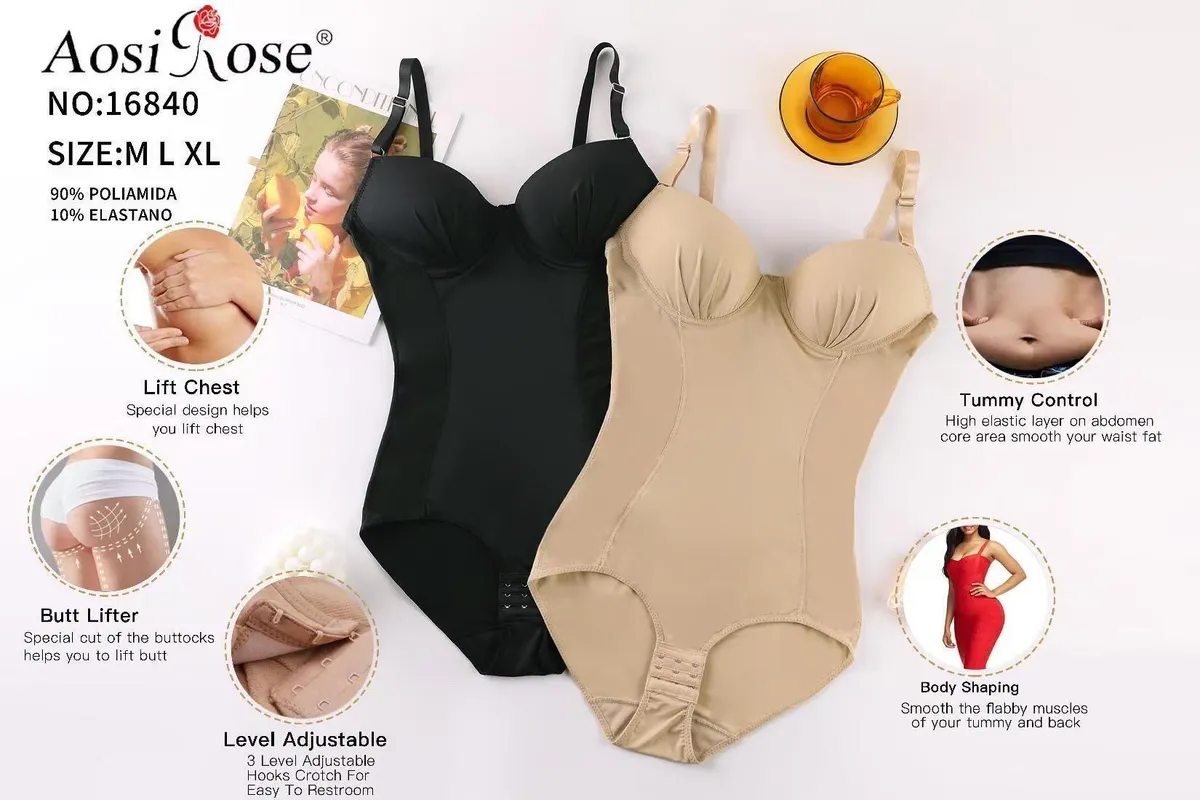 Body modelujące Aosi Rose w kolorze beżowym i czarnym z regulowanymi ramiączkami i zapięciem na haftki