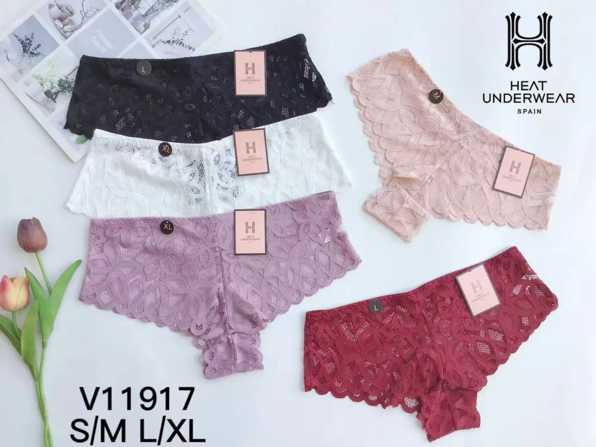Zestaw koronkowych majtek damskich Heat Underwear w kolorach czarnym, białym, jasnoróżowym i bordowym