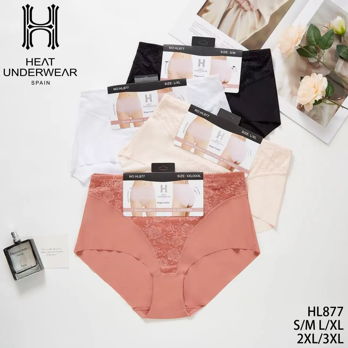 Majtki damskie Heat Underwear w kolorach czarnym, białym, beżowym i różowym z koronką i mikrofibrą