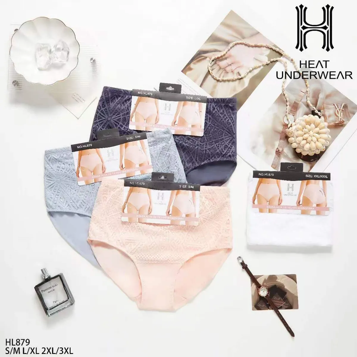 Majtki damskie Heat Underwear w pastelowych kolorach z geometrycznym wzorem, opakowania z rozmiarami