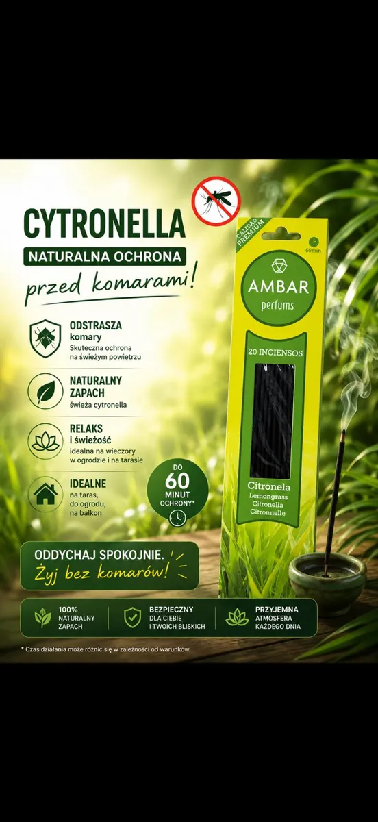 Ambar perfums cytronella naturalne kadzidełka odstraszające komary 20 szt.