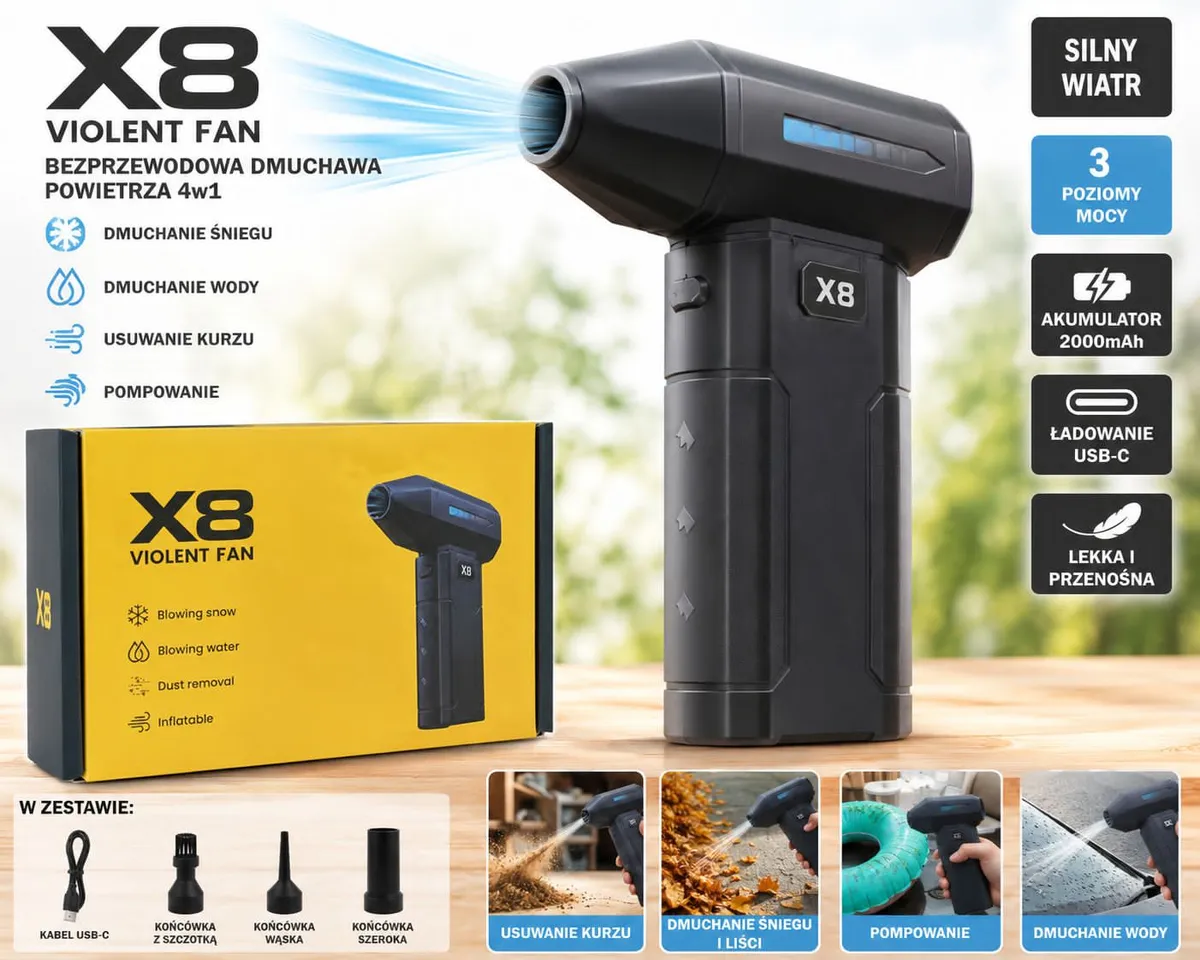 Bezprzewodowa dmuchawa powietrza X8 czarna 4w1 z akumulatorem USB-C