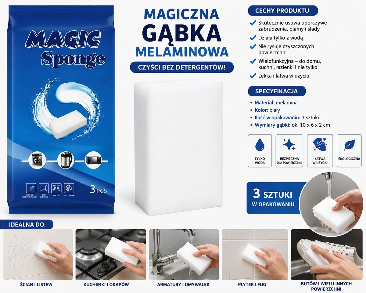 Magiczna Gąbka Melaminowa Biała 10x6x2 cm 3 sztuki