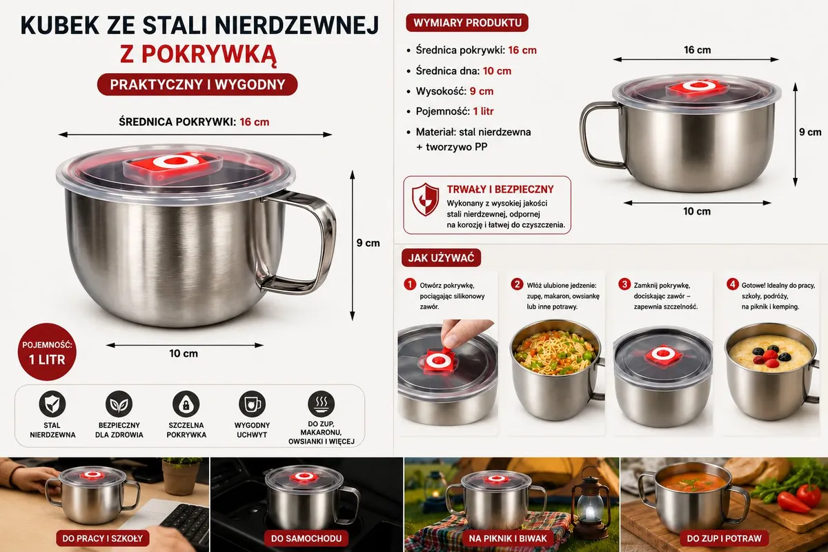 Kubek obiadowy ze stali nierdzewnej z pokrywką 1 litr