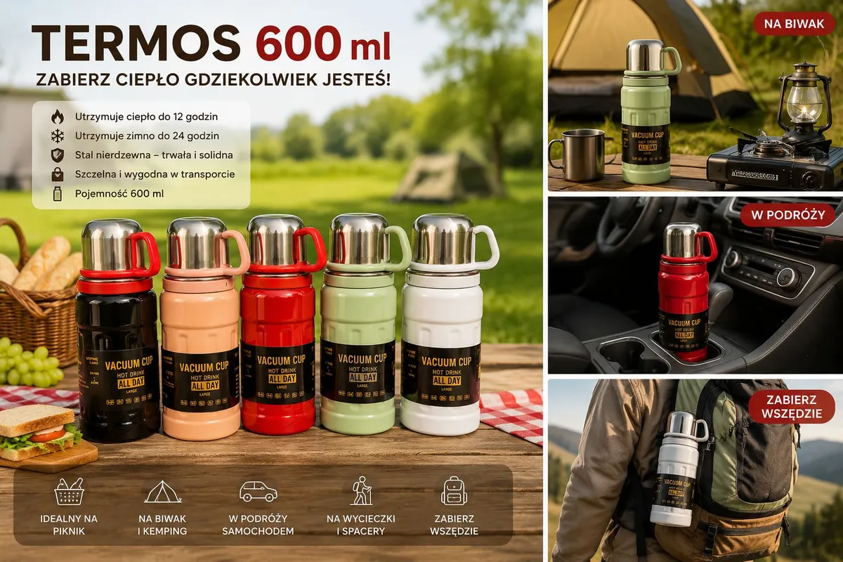 Termos stalowy 600 ml kolorowy z uchwytem do napojów gorących i zimnych