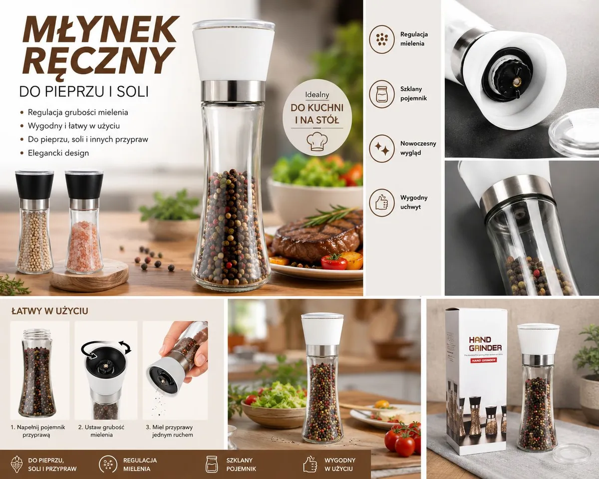 Młynek ręczny do pieprzu i soli szklany pojemnik regulacja mielenia