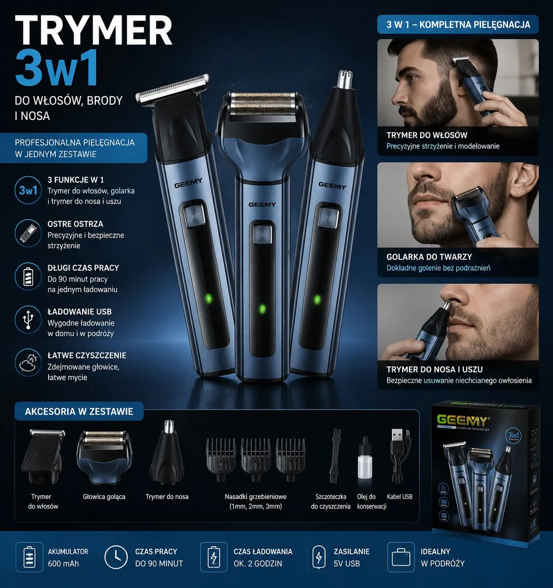 Trymer 3w1 USB do włosów, brody i nosa granatowy GEEMY