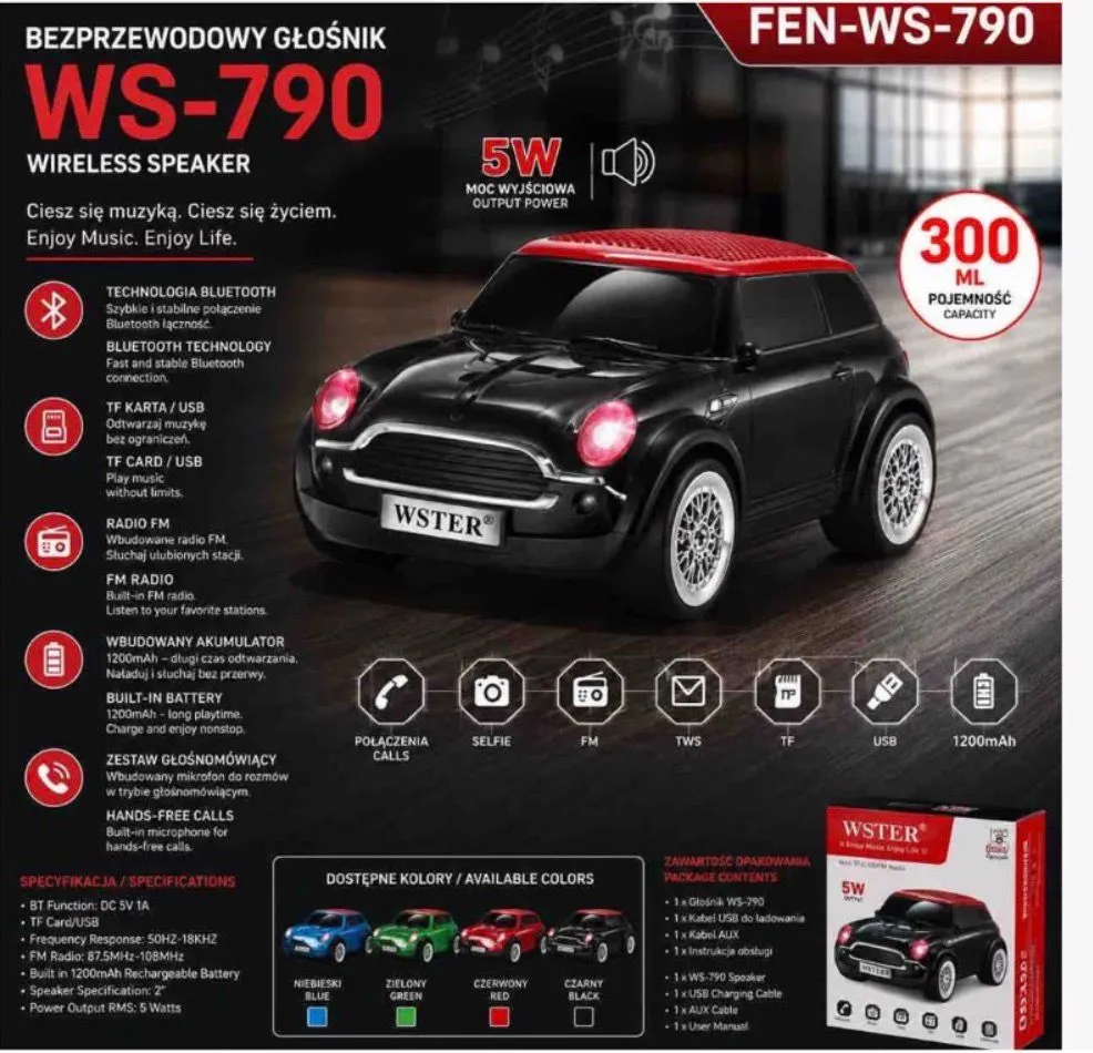 Głośnik bezprzewodowy WS-790 czarny z czerwonym dachem 300 ml
