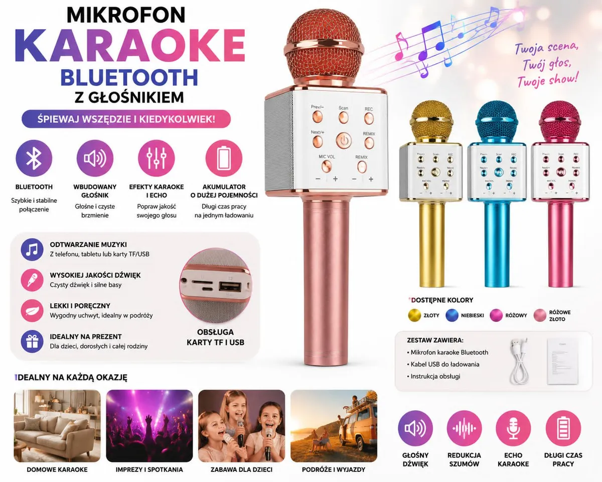 Bezprzewodowy mikrofon karaoke Bluetooth z głośnikiem różowo-złoty
