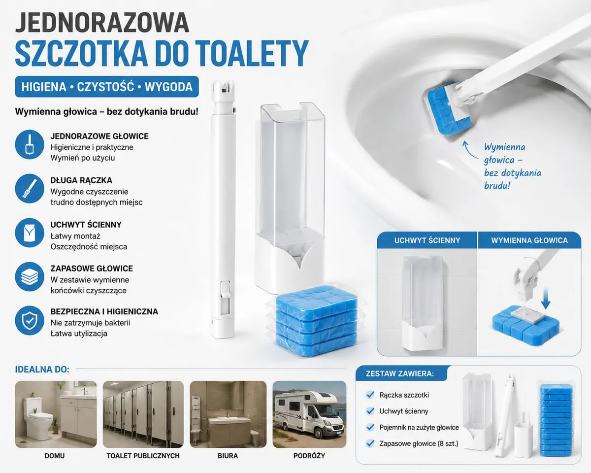 Szczotka do WC z wymiennymi jednorazowymi głowicami biała z niebieskimi wkładami