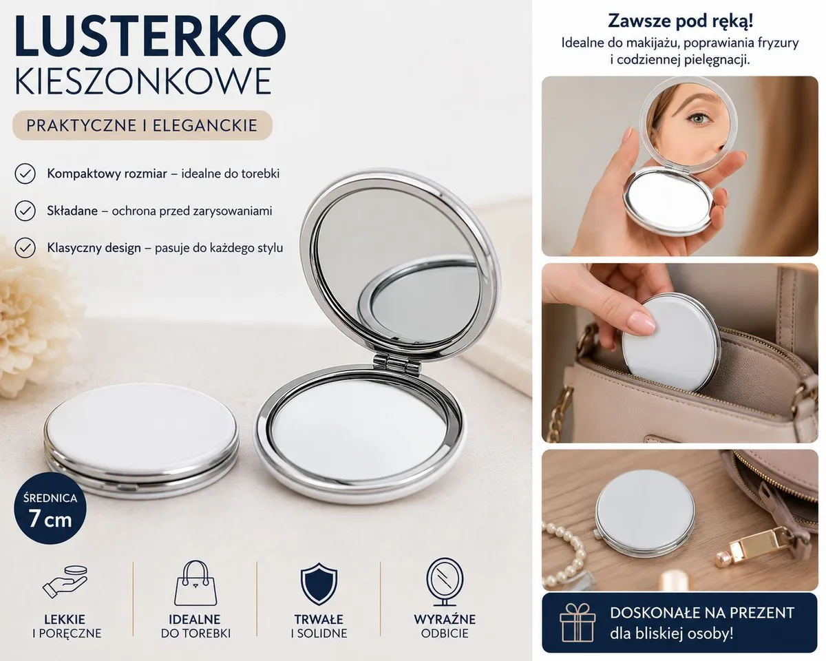 Składane lusterko kieszonkowe srebrne 7 cm do torebki