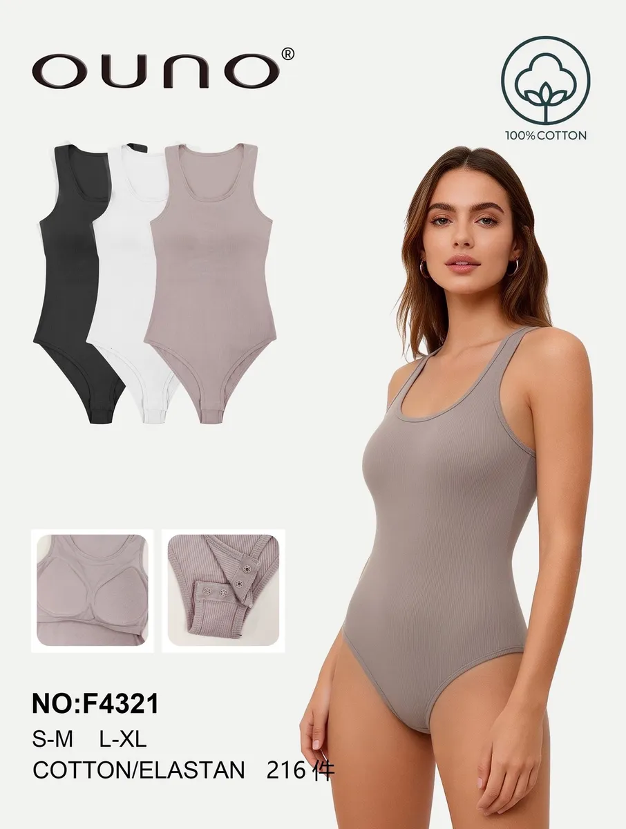 Body damskie Ouno prążkowane w kolorach czarnym, białym i beżowym na modelce i w zestawie