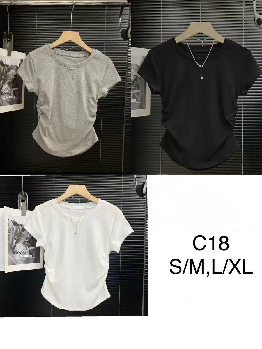 T-shirt damski C18 z marszczeniami biały, czarny, szary