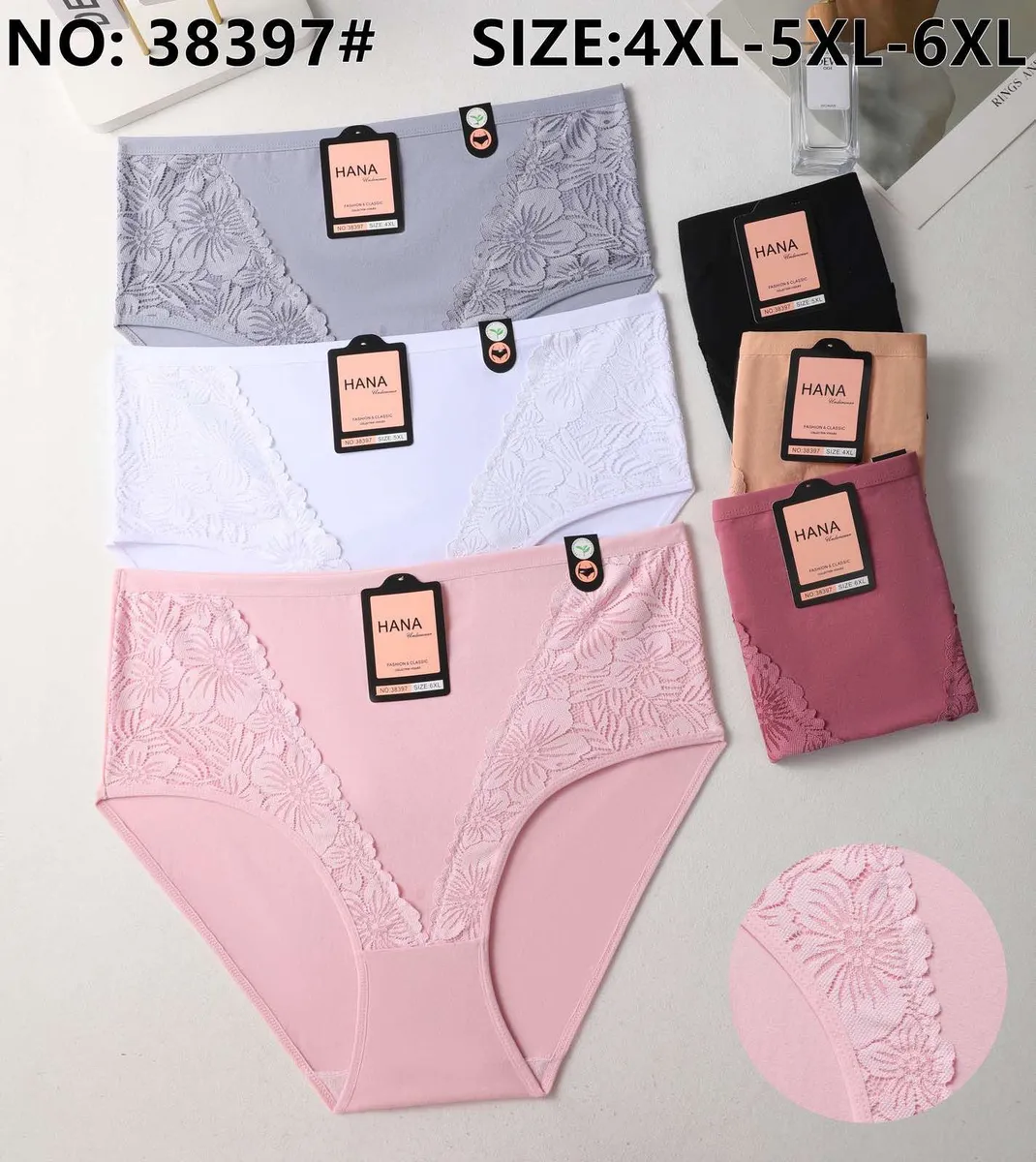 Majtki damskie HANA w dużych rozmiarach 4XL-6XL w różnych kolorach z koronkowym zdobieniem