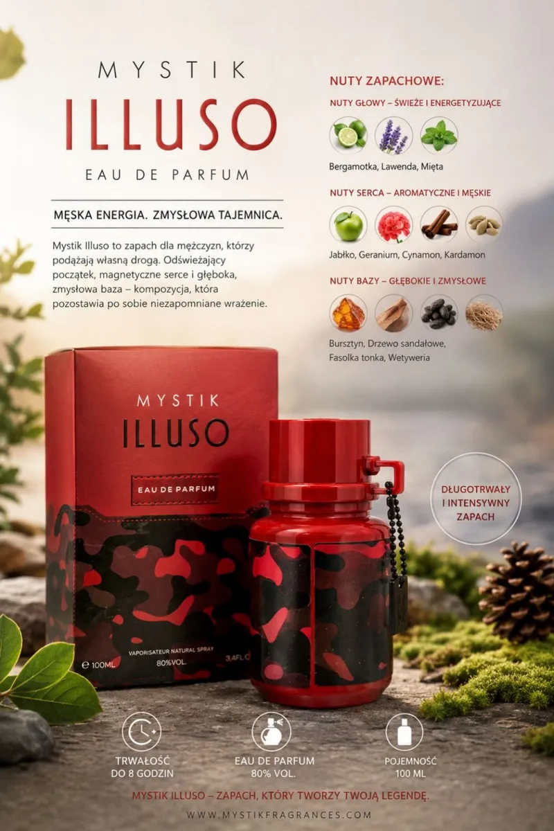 Mystik Illuso Męskie Perfumy 100ml Czerwono-Czarny Flakon