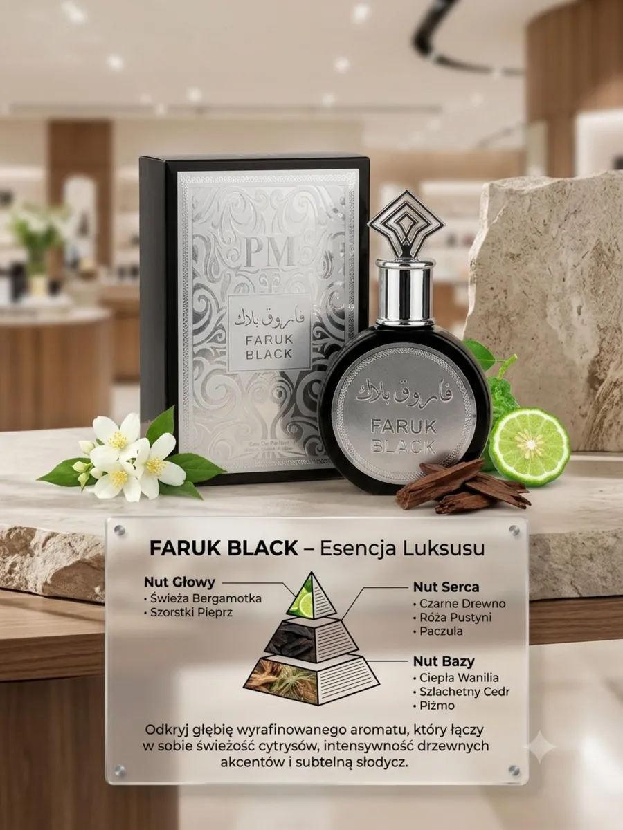 Faruk Black Perfum 100ml czarny flakon z metaliczną etykietą