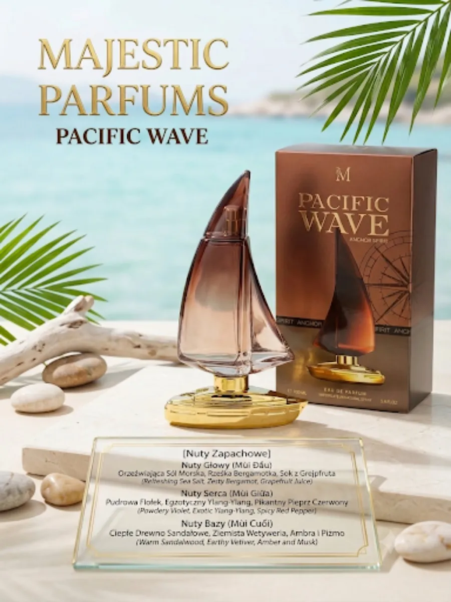 Perfumy Majestic Parfums Pacific Wave 100ml flakon żagiel złoto-brązowy