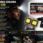 Latarka czołowa LED COB beżowa z regulowanym paskiem i USB-C