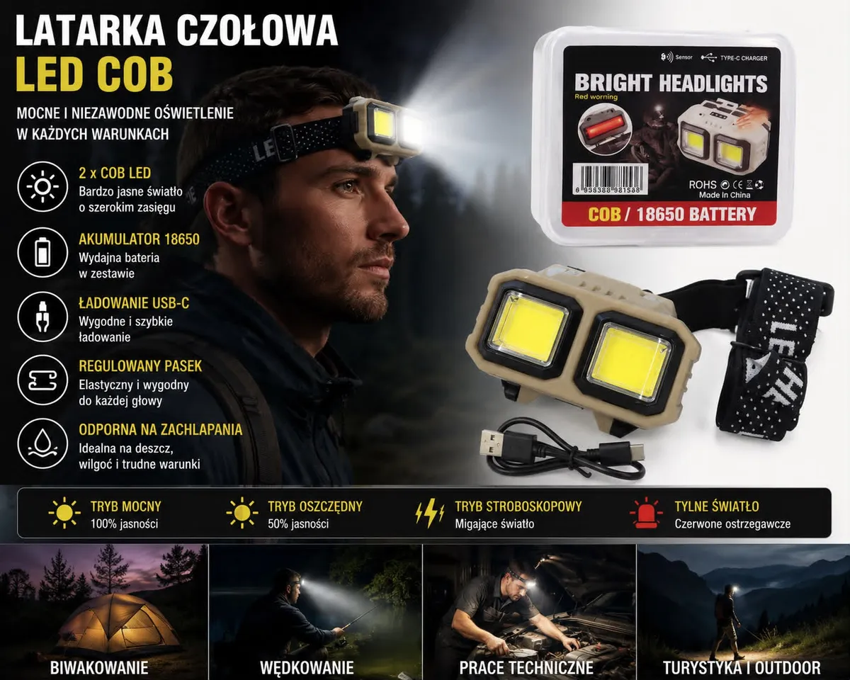 Latarka czołowa LED COB beżowa z regulowanym paskiem i USB-C