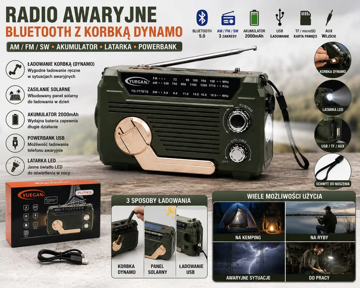 Radio awaryjne Bluetooth z korbką dynamo zielone z latarką LED