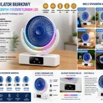 Wentylator biurkowy USB z kolorowym podświetleniem LED i wyświetlaczem LCD