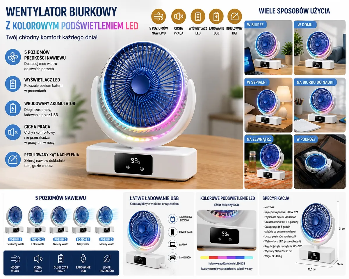 Wentylator biurkowy USB z kolorowym podświetleniem LED i wyświetlaczem LCD