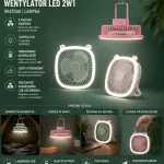 Przenośny wentylator LED 2w1 z lampką i możliwością zawieszenia różowy