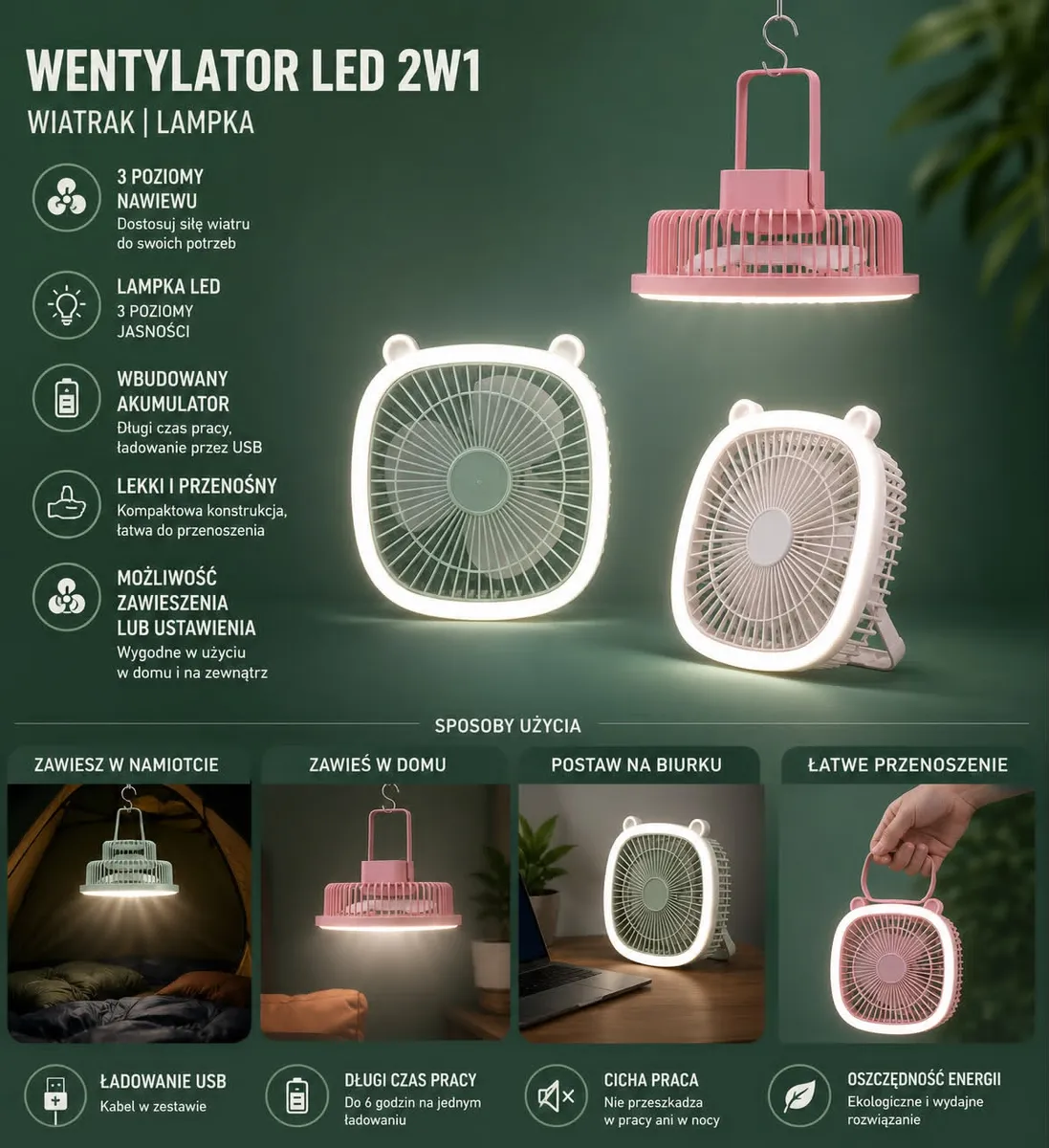 Przenośny wentylator LED 2w1 z lampką i możliwością zawieszenia różowy