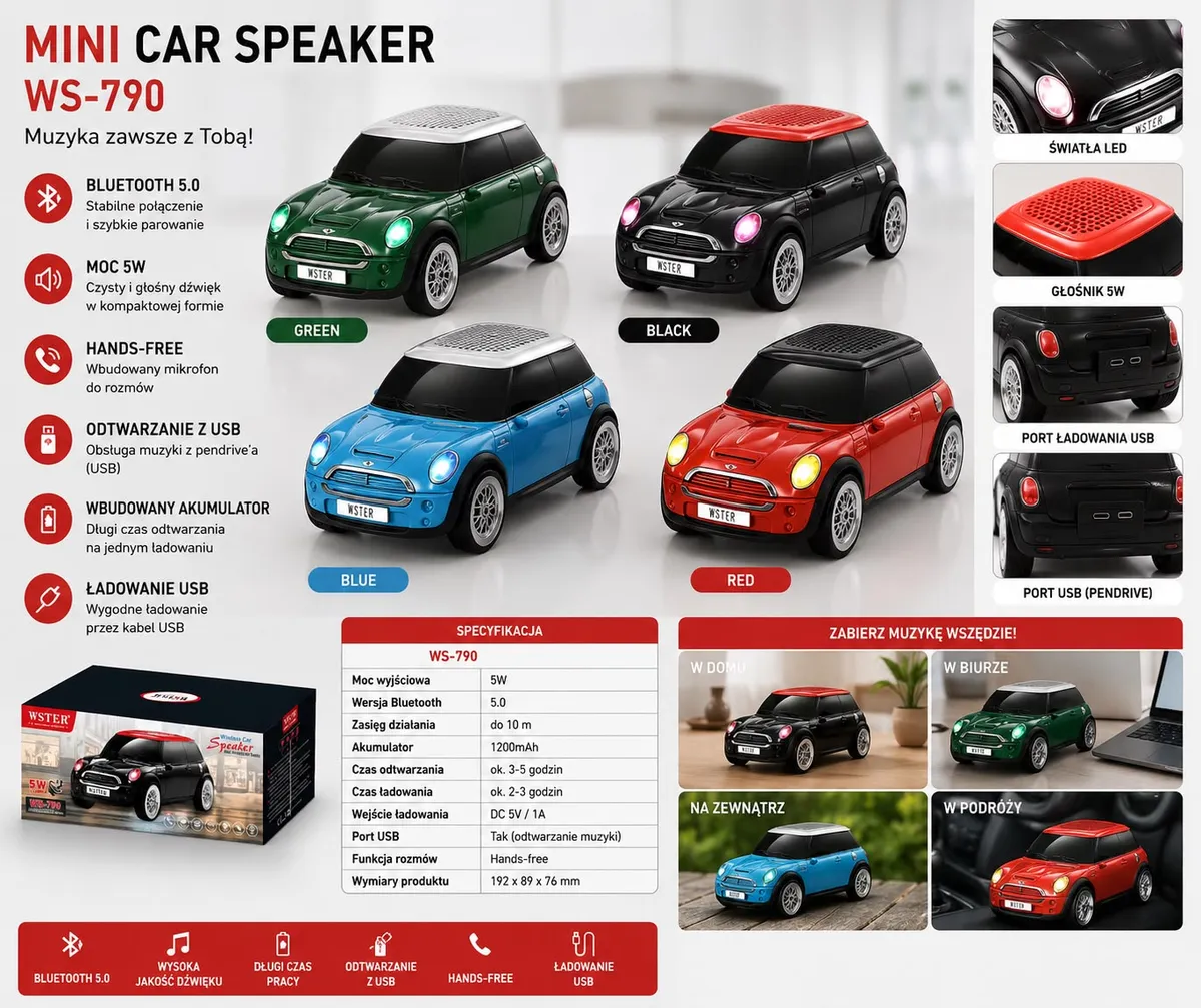 Głośnik Bluetooth Mini Cooper WS-790 czarny z czerwonym dachem