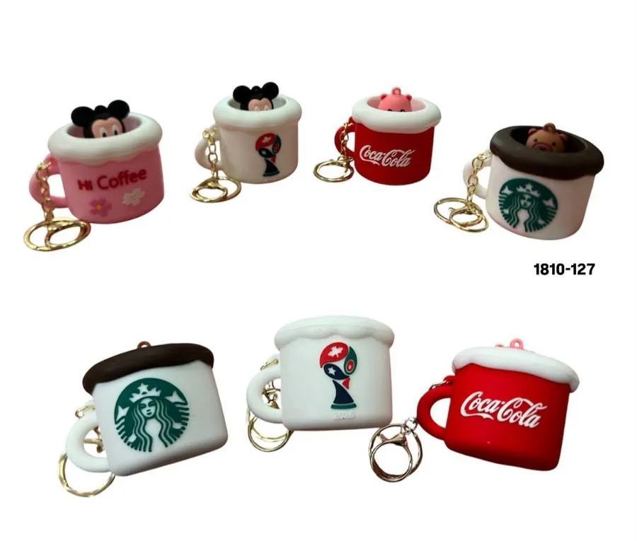 Breloki kubki z postaciami i logo Coca-Cola, Starbucks, Hi Coffee