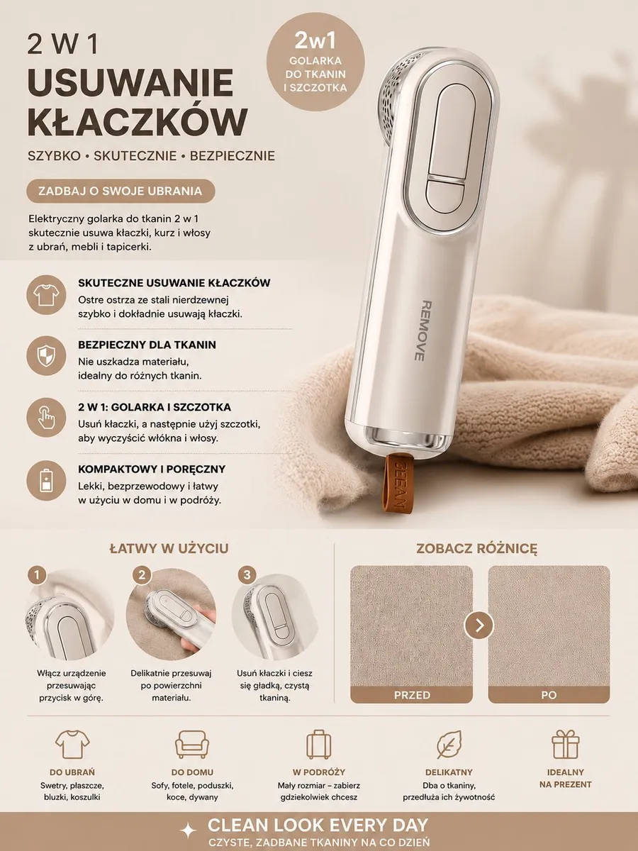 Elektryczna golarka do tkanin 2w1 beżowa z szczotką