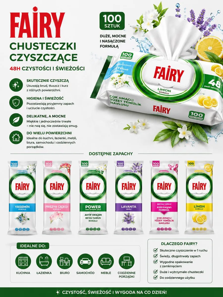 Fairy Chusteczki Czyszczące Limon 100 sztuk mocne i nasączone