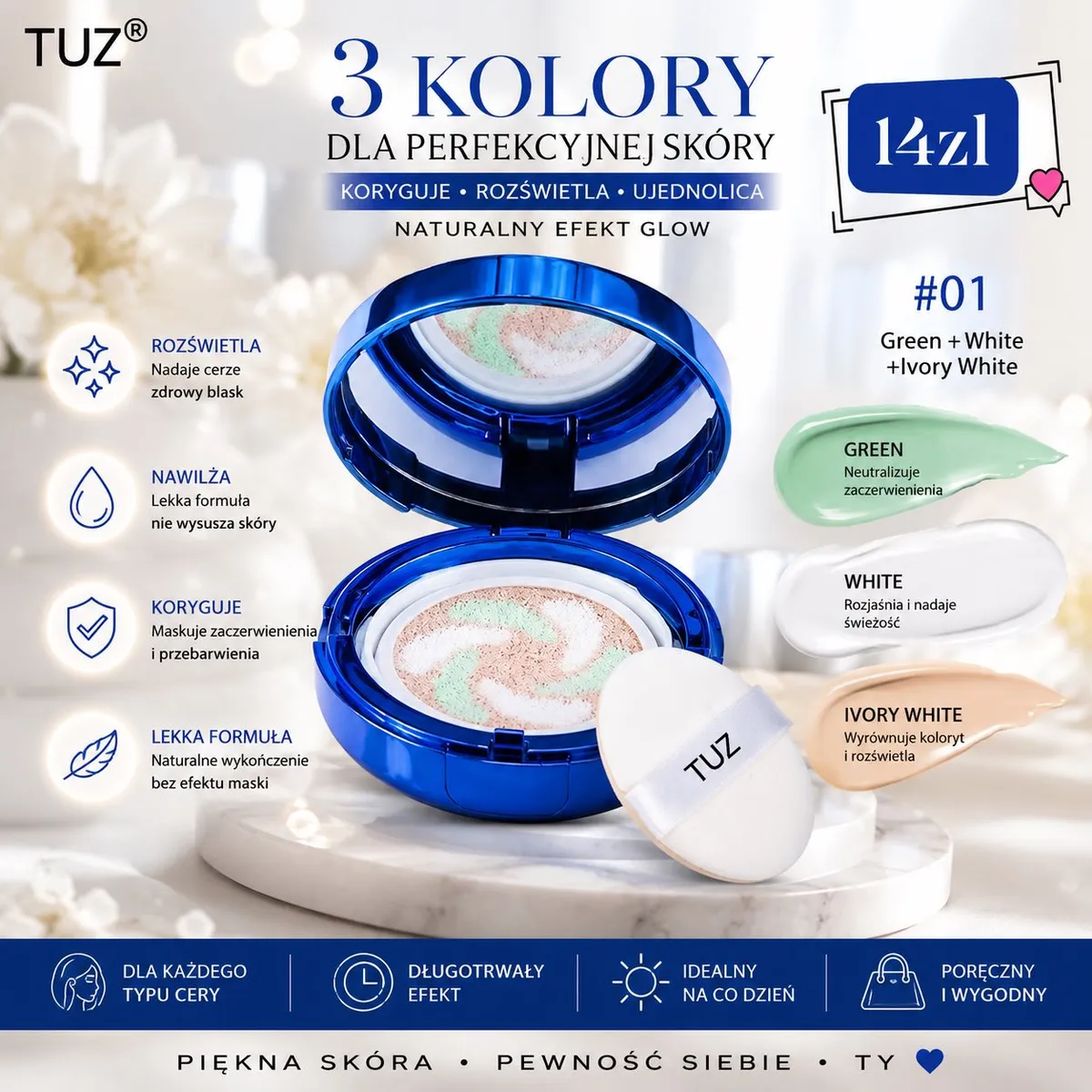TUZ Korektor w Kompakcie 3 Kolory #01 Green White Ivory White